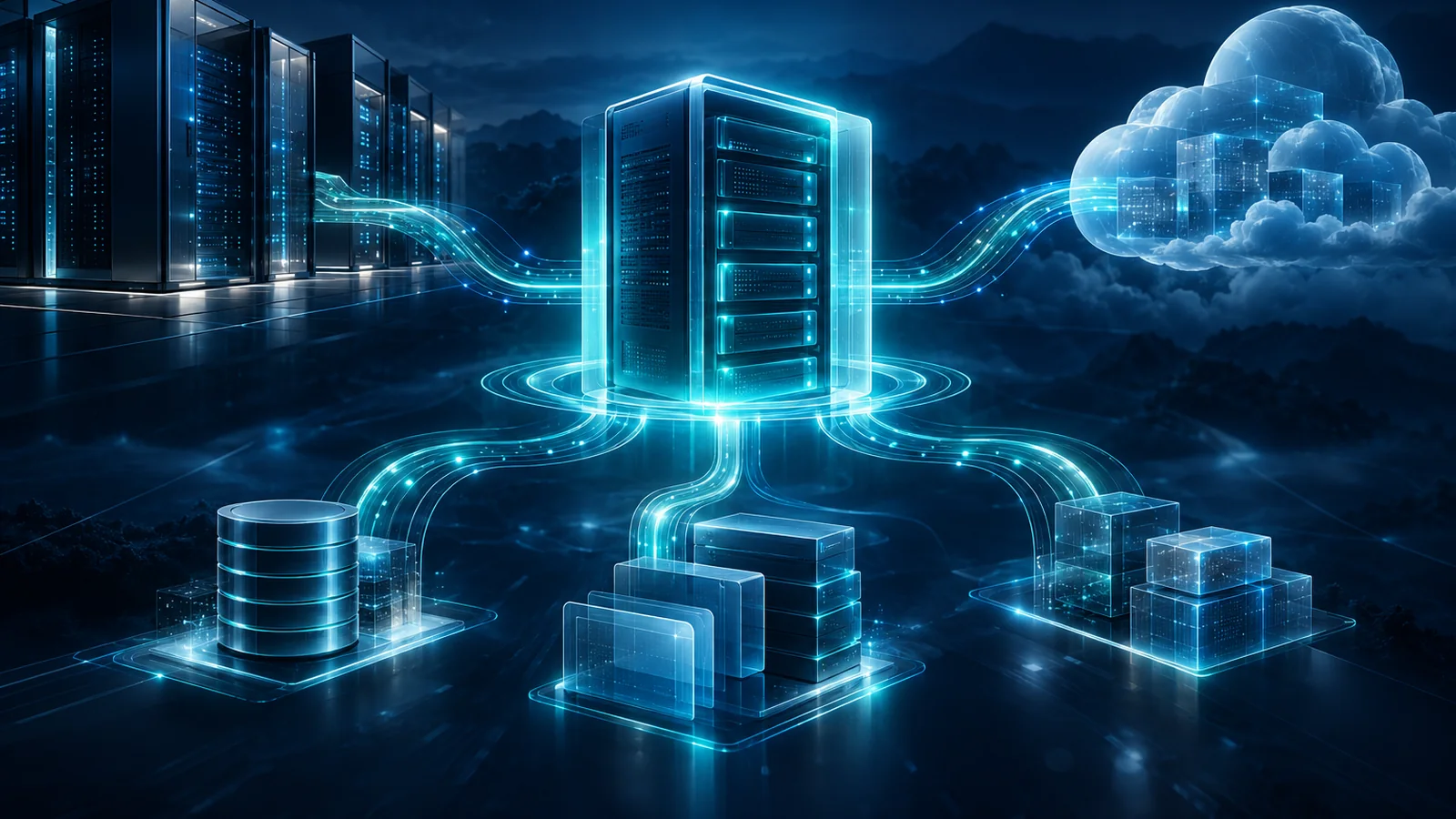 Servidor de backup central recebendo e distribuindo cópias entre datacenter, nuvem, banco de dados e armazenamento.